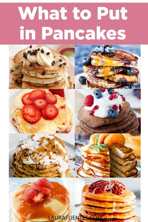 8 pictures of different pancakes with different types of add ins Pancake Upgrades, Pancake Add In Ideas, Different Types Of Pancakes, Different Pancake Ideas, Pancake Add Ins, Pancake Variations, Plain Pancakes, Pancake Batter Recipe, Types Of Pancakes