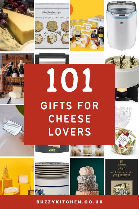 Having a hard time buying gifts for someone? If they’re a cheese enthusiast, this list of gifts for cheese lovers will point you in the right direction >>> Buzzy Kitchen - Your Kitchen BFF Cheese Gift Ideas, Cheese Gift Basket Ideas, Gifts For Cheese Lovers, Cheese Gift Baskets, Cheesy Gifts, Cheese Lover Gifts, Christmas Cheese, Cheese Gifts, Kitchen Christmas Gifts