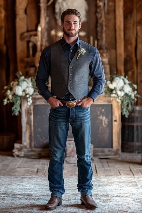 Country Wedding Outfits For Groom, Men's Western Wedding Outfit, Country Style Wedding Mens Attire, Men’s Attire For Country Wedding, Groom Outfit With Jeans, Rustic Groom Attire Jeans, Jean Groom Attire, Men’s Wedding Party, Semi Casual Groom Attire