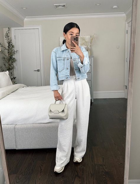 White Pants And Denim Jacket, Cropped White Denim Jacket Outfit, Cropped Jacket With Dress, Denim Jacket Outfit Classy, Cropped Jacket Outfit Casual, Crop Denim Jacket Outfit, Old Money Coastal Aesthetic, Cropped Jean Jacket Outfit, Crop Jacket Outfit