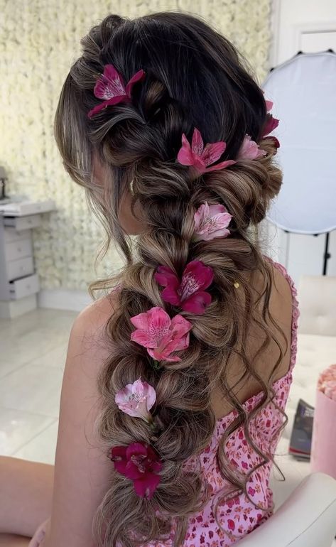 Pretty Hairstyles For A Wedding, Braided Hairstyles For Quinceanera, Fictional Hairstyles, Fairy Theme Hairstyles, Tangled Theme Prom Hair, Rapunzel Inspired Hairstyles, Hair Designs For Curly Hair, Prom Hair Styles Medium Hair, Floral Prom Hair