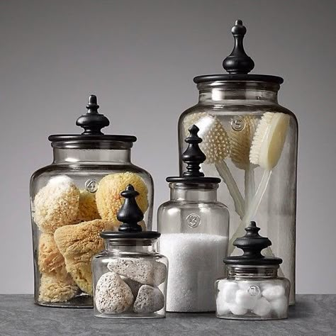 What every #bathroom needs: #organic cottons, #natural sponges, Epsom salts, #bamboo toothbrushes, pumice stones and #reusable jars!  See wh... Toples Kaca, Săpunuri Handmade, Finials For Curtain Rods, Smart Tiles, Nate Berkus, Bathroom Spa, Bath Ideas, Apothecary Jars, Beautiful Bathrooms