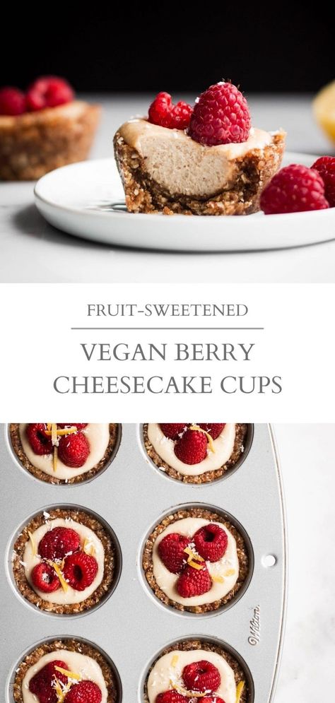 Vegan berry cheesecake cups. These nutritious no-bake cheesecake cups are vegan, gluten-free and fruit-sweetened. Top them with your favorite berries or fruit jam! | Nourished by Caroline #fruitsweetened #vegan #glutenfree #veganrecipes #healthyrecipes #vegandessert #glutenfreedessert #nobake #nobakedessert #healthydessert #datesweetened Vegan No Bake Cheesecake, No Bake Cheesecake Cups, Chocolate Mousse Cups, Whole Food Vegan, Vegan No Bake, Vegan Cheesecake Recipe, Healthy Cheesecake, Cheesecake Cups, Berry Cheesecake