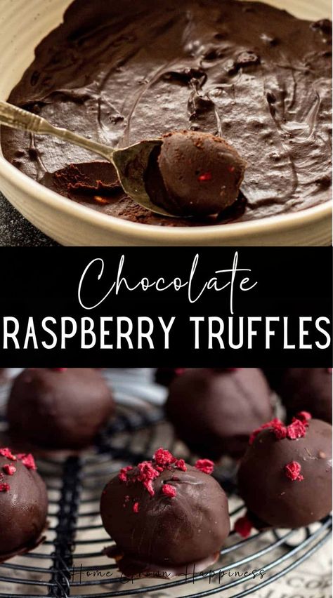 These raspberry chocolate truffles are smooth and creamy with bright pops of freeze-dried raspberry. The perfect treat for valentine’s day. These homemade truffles are so easy to whip together and only need 3 simple ingredients! If you use dairy-free dark chocolate then they’re vegan too. The combination of chocolate and raspberry is just delicious. Chocolate Raspberry Truffles, Chocolate Truffle Recipe, Raspberry Truffles, Homemade Truffles, Truffle Recipes, Dessert Truffles, Freeze Dried Raspberries, Raspberry Chocolate, Dried Raspberries