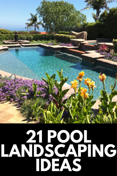 Looking for a way to enhance your pool landscape? We've got you covered! Here, we share 21 of our favorite pool landscaping ideas to transform your outdoor space! Read more at OwnTheYard.com! Pool Waterfall Landscaping, Poolside Landscape Ideas, Swimming Pools Backyard Landscape, Pool Area Landscaping, Trampoline Ideas, Tropical Pool Landscaping, Small Inground Pool, Inground Pool Landscaping, Rectangle Pool