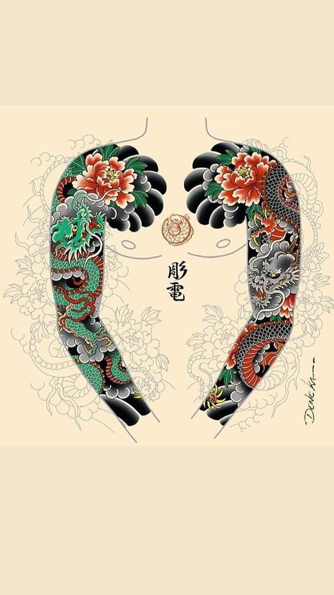 Sleeve Tattoos Dragon, Irezumi Tattoos Sleeve, Dragon Tattoo Japanese Style, Dragon Tattoo Full Sleeve, Irezumi Sleeve, Arm Tattoos Japanese, Traditional Tattoo Dragon, Borneo Tattoos, Traditional Japanese Tattoo Sleeve