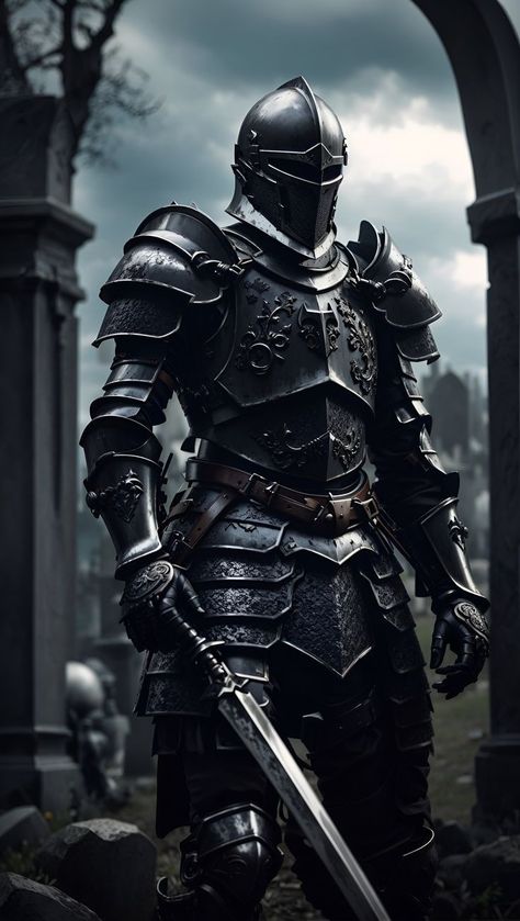 Gothic Knight Art, Black Armor Knight, Medieval Dark Knight, Goth Armor, Medieval Knight Aesthetic, Black Knight Armor, Black Knight Art, Knight Armor Design Male, Knight Artwork