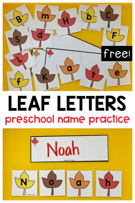 FREE printable fall leaf letter cards preschool activity to practice uppercase & lowercase letter identification and building names! Prek Learning Activities Fall, Leaf Language Activities Preschool, Fall Name Tree Craft, Preschool Tree Theme Activities, Name Recognition Preschool Fall, Pumpkins With Letters Printable, Fall Harvest Crafts For Preschoolers, Fall Leaves Theme Preschool, Leaf Name Activities Preschool