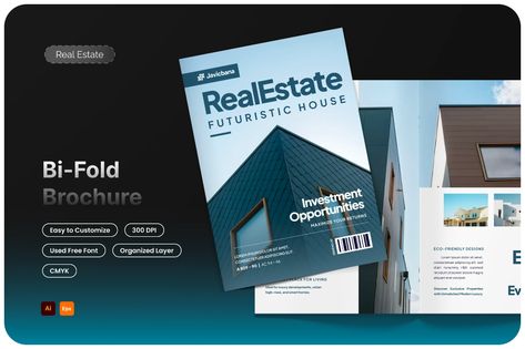 Futuristic Modern Real Estate Bifold Brochure, Print Templates ft. luxury & property - Envato Luxury Real Estate Brochure, Best Brochure Design, Real Estate Brochure, Futuristic House, Brochure Design Templates, Modern Real Estate, Brochure Print, Bi Fold Brochure, Eco Friendly Design