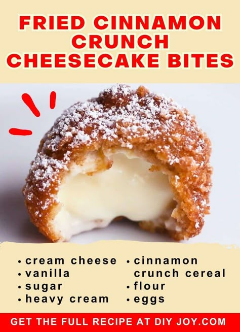 Cinnamon Cheesecake Bites, Deep Fried Cheesecake Bites, Deep Fried Desserts Easy, Air Fried Desserts, Cheesecakes Bites, Cinnamon Toast Crunch Cheesecake, Fried Cheesecake Bites, Deep Fried Cheesecake, Fried Cookies