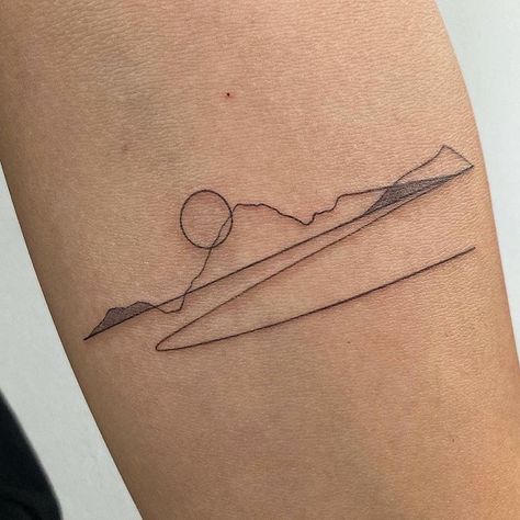 Simplistic Mountain Tattoo Mountain Tatoos Landscapes, Mountain Dainty Tattoo, Linear Mountain Tattoo, Leave No Trace Tattoo, Mountain River Tattoo Simple, Forearm Landscape Tattoo, Large Mountain Tattoo, Lake Tattoos Women, Mountain And Lake Tattoo Simple