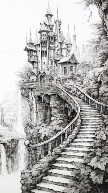 Pencil Fantasy Art Drawings, Pencil Drawing Building, Forest Drawing Ideas, Fantasy Landscape Drawing, Fantasy World Drawing, Drawing Of A Castle, Drawing Castle, Nike Drawing, Castle Sketch