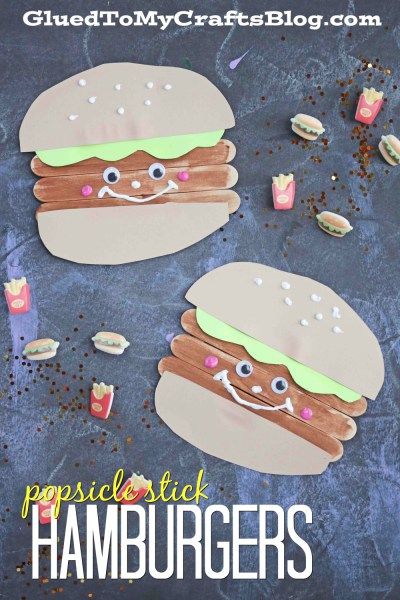 Popsicle Stick Hamburger Friends - Kid Craft Idea - Summer Camps, Family Barbecue Craft Bbq Crafts, Hobbies For Kids, Cheese Burger, Summer Crafts For Kids, Summer Craft, Stick Crafts, Popsicle Stick Crafts, Daycare Crafts, Kid Craft