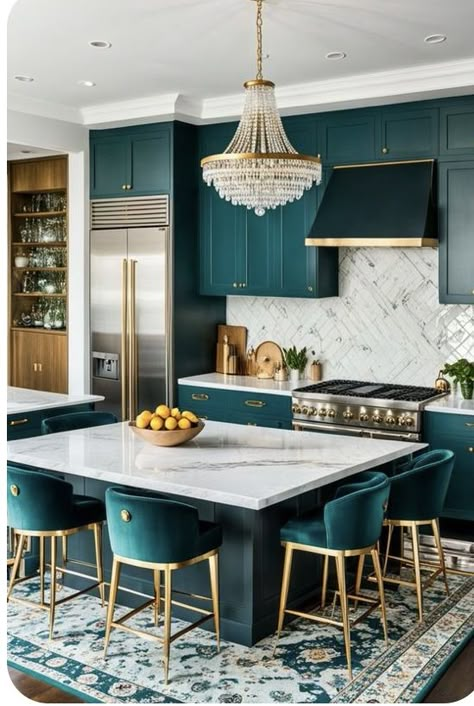 Green Kitchen Paint, Green Kitchen Designs, Teal Kitchen, Green Kitchen Cabinets, White Marble Countertops, Green Cabinets, Gold Kitchen, Elegant Kitchens, Kitchen Paint