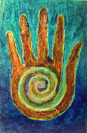 Reiki Art Projects: Hopi Hand, Mixed Media. 2014 EBM. Symbol for healing and creativity Native American Healing Hand Tattoo, Reiki Drawing, Healing Hands Art, Healing Hand Symbol, Hand Healing, Mother Earth Painting, Symbol For Healing, Reiki Art, Cute Earth