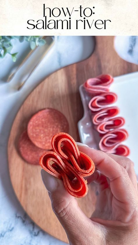 Kim Charon | Charcuterie & Things LLC | How-to: SALAMI RIVER 1️⃣Prepare the Salami: Start by folding each salami slice in half, with the rounded edge facing up. 2️⃣Create the... | Instagram Salami River, Salami Appetizer, Salami Rolls, Salami Recipes, Flowing River, Food Handling, Catering Ideas Food, Washing Your Hands, Charcuterie Inspiration