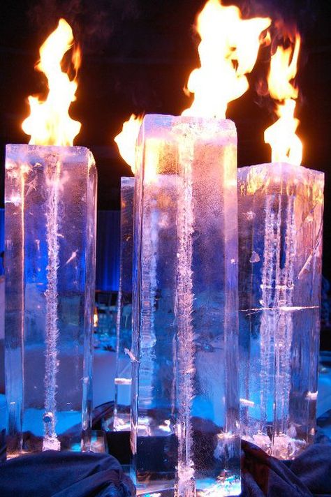 A magnificent fire display using these spectacular fire and ice columns.  Breathtaking. Fire And Ice Wedding, Ice Wedding, Fire N Ice, Ice Party, Prom Themes, Ice Bars, Prom Theme, Ice Ball, בר מצווה