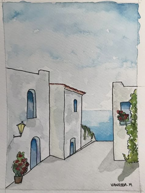 Watercolor Inspo Landscape, Landscape Drawing Simple, Watercolour Line Art, Landscape Paintings Easy Simple, Watercolor Architecture Simple, Watercolor Art Landscape Simple, Aesthetic Watercolor Art Easy, Architecture Drawing Easy, Watercolor Landscape Paintings Easy