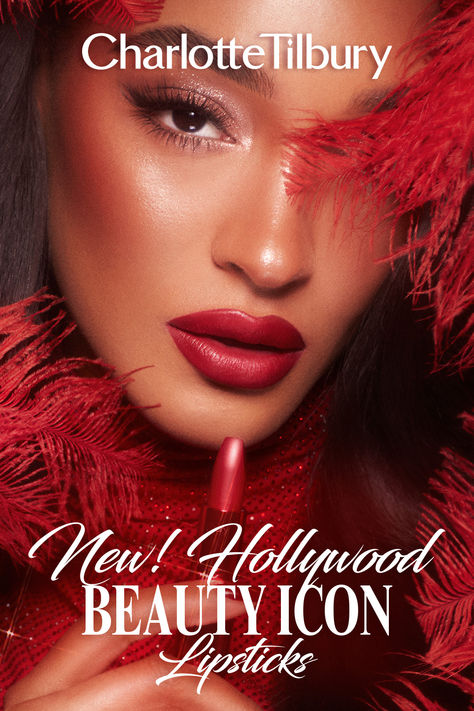 New! Hollywood Beauty Icon Lipsticks from Charlotte Tilbury. The collection features 10 new shades-- 5 new pinks in the satin K.I.S.S.I.N.G. formula and 5 new reds in the hydrating Matte Revolution formula! Jourdan is wearing Cinematic Red. Shop the full collection now at Sephora! Tuition Flyer, Pink Shoot, Lipstick On Brown Skin, Hollywood Glamour Aesthetic, Charlotte Tillbury, Full Glam Makeup, Red Lipstick Shades, Revolution Lipstick, Model Catwalk