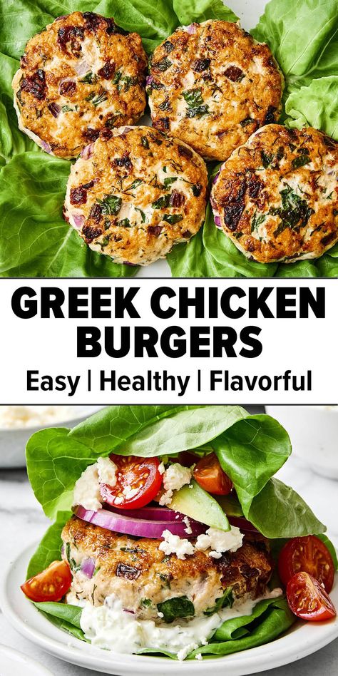 Greek chicken burgers recipe. Chicken Patties Meals, Greek Chicken Burgers Tzatziki, Greek Burgers Chicken, Mediterranean Chicken Burgers, Healthy Dinner Ground Chicken, Greek Chicken Burgers Recipe, Meals With Tzatziki Sauce, Ground Turkey Summer Recipes, Greek Chicken Patties