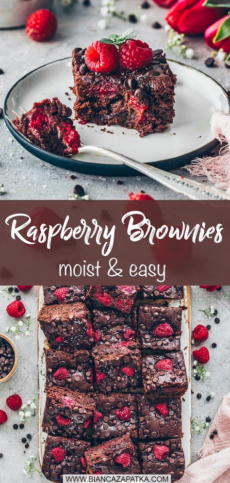 A quick and easy recipe for the best vegan chocolate raspberry brownies that are moist, fudgy and delicious! Perfect dessert or cake snack! #brownie #chocolate #raspberries #cake #easyrecipes #bakingrecipes #veganrecipes #recipes #dessert #vegan #baking #quickrecipes | biancazapatka.com Chocolate And Raspberry Brownies, Raspberry Brownie Dessert, Dairy Free Raspberry Dessert, Vegan Rasberry Deserts, Vegan Raspberry Brownies, Raspberry Desserts Vegan, Raspberry Brownie Recipes, Vegan Raspberry Recipes, Vegan Raspberry Dessert