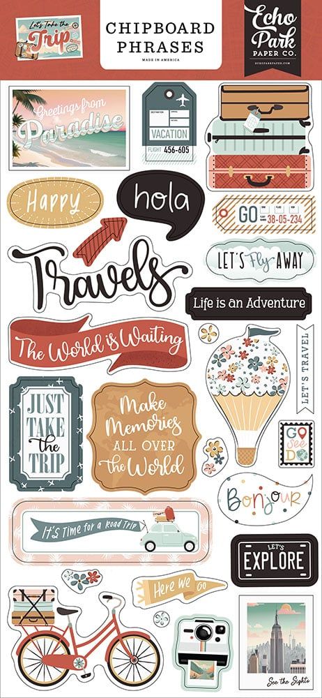 Echo Park - Let's Go Travel Collection - Chipboard Embellishments - Accents 8AE Travel Stickers Aesthetic, Printables For Journal, Traveling Stickers, Travel Journal Stickers, Travel Stickers Printable, Scrapbooking Retreats, Travel Scrapbook Pages, Scrapbook Storage, Scrapbook Quotes