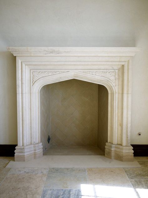 Cast Limestone Fireplace, Arched Fireplace Mantle, Flat Stone Fireplace, Traditional Stone Fireplace, Old World Fireplace, Tudor Style Fireplace, Stone Fireplace Exterior, Electric Fireplace Hearth, Baroque Fireplace