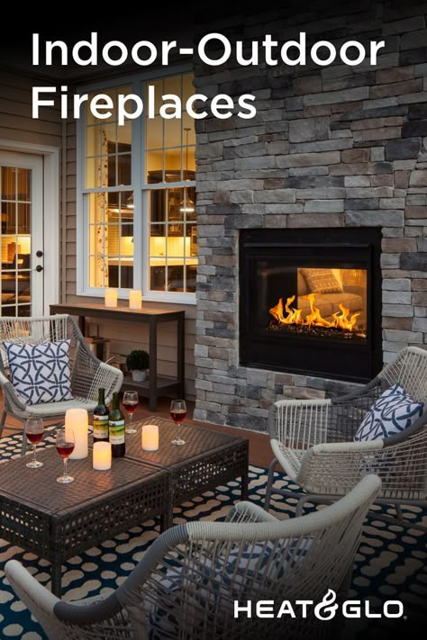 Double sided fireplace on patio Indoor Outdoor Electric Fireplace, Outdoor Fireplace Ideas Covered Decks Screened In Porch, Pass Through Fireplace Outdoor, 2 Sided Fireplace Indoor Outdoor, Four Sided Fireplace Ideas, Double Sided Fireplace Inside And Outside, Double Sided Gas Fireplace Indoor Outdoor, Outdoor Fireplace Furniture Arrangement, Indoor And Outdoor Fireplace