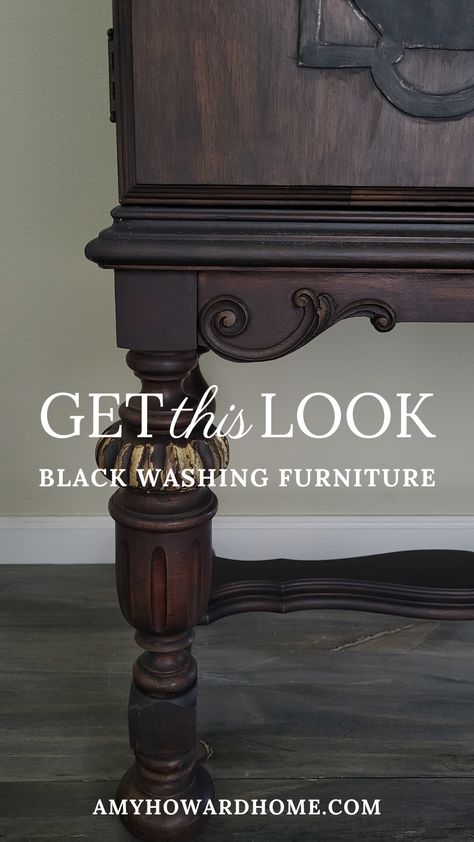 Transform your furniture with a stunning black washed finish! In this video, our talented Artist in Residence, Becky George, demonstrates step-by-step how to achieve this elegant look using Black One Step Paint, Glazed Over, Gold Leaf, Gilding Size, and antiquing wax. Watch now to learn Becky’s expert tips and techniques for adding a sophisticated touch to your furniture pieces. Gold Wax Furniture, Black Furniture Painting Ideas, Black Wash Dresser, Painted Black Furniture Ideas, Refinished Office Furniture, Gold Gilding Wax On Furniture, Dark Wax Over Stained Wood, Black Washed Furniture, Antique Wax Furniture