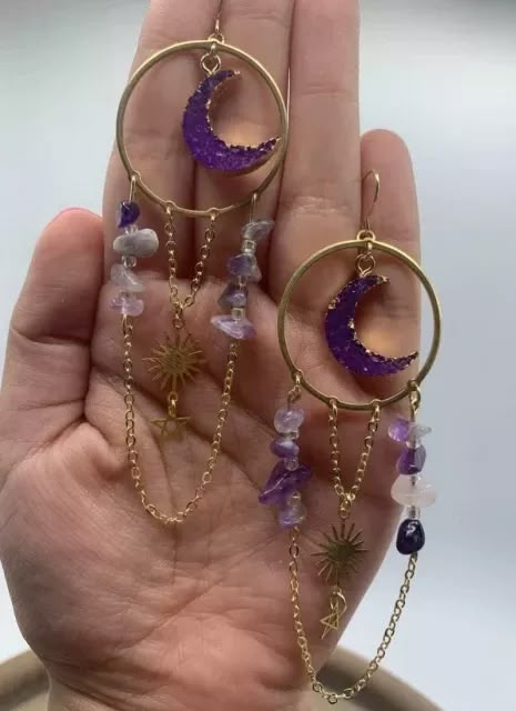 Wiccan Necklace, Purple Moon, Tree Of Life Necklace, Festival Jewelry, Amethyst Earrings, Moon Earrings, Fantasy Jewelry, Boho Festival, Moon And Stars