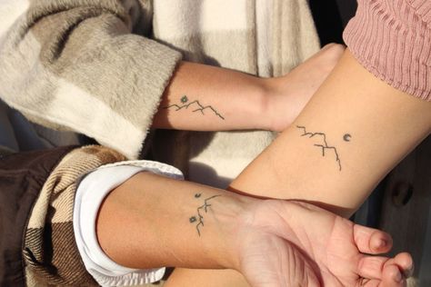 Mountain Sibling Tattoos For 3, Sibling Mountain Tattoos, Mountain Tattoo For Men, Mountain Tattoo With Sun, Three Mountains Tattoo, Colorado Tattoo Ideas Simple, Men Mountain Tattoo, Mountain Tattoo With Moon, Delicate Mountain Tattoo