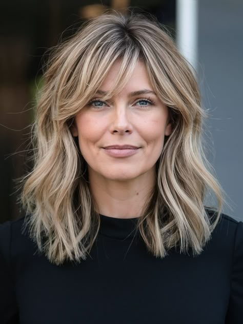 Shoulder Length Hair Blonde Layers, Shoulder Length Hair With Layers Blonde, Bob Hairstyles For Fine Hair With Bangs, Shoulder Length Haircut Blonde, Blonde Mid Length Hair With Bangs, Shoulder Length Hair With Wispy Bangs, Bangs For Oval Face Shape, Mid Length Bob With Bangs, Blonde Balayage With Bangs