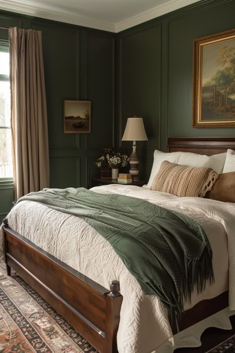 English Colonial Bedroom, Master Bedrooms Earthy, Cozy Earth Bedroom, Moody Cottagecore Bedroom, Harry Potter Adult Bedroom, Cozy Master Bedrooms Decor Romantic, Antique Farmhouse Bedroom, Green Vintage Bedroom, Wood Bed Master