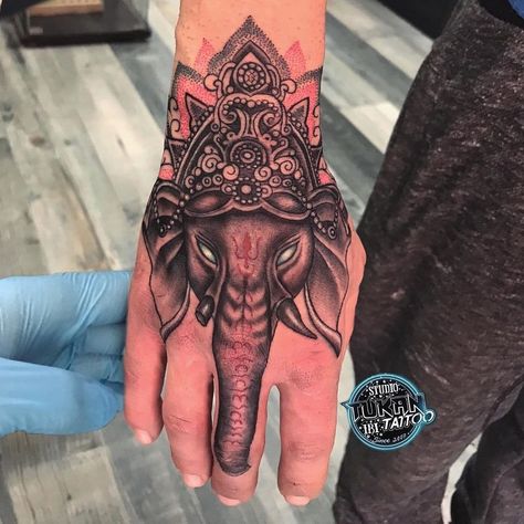 Ganesha Tattoo Sleeve, Elephant Tattoo On Hand, Ganesh Tattoos, Elephant Head Tattoo, Ganesh Design, Mario Tattoo, Ganesh Tattoo, Hindu Tattoo, Ganesha Tattoo