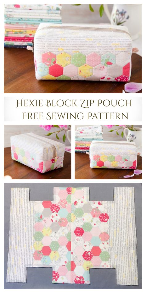 DIY Hexie Block Zip Pouch Sew Pattern Tutorial Zip Up Bag Sewing Pattern, Makeup Pouch Pattern Free, Makeup Bag Free Sewing Pattern, Square Makeup Bag Pattern, Block Zipper Pouch Pattern, Sewing Patterns Zipper Pouch, Cosmetic Bag Pattern Free Zipper Pouch Tutorial, Block Pouch Pattern, Sewing Pattern For Makeup Bag