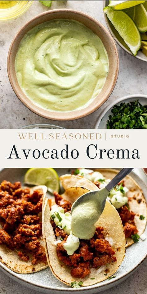 This thick, creamy Avocado Crema combines ripe avocado, cool, tangy sour cream, fresh lime juice, garlic, and Kosher salt to make an easy sauce that is delicious with all your favorite Mexican and Tex-Mex recipes! It can also be used it as a sandwich spread, dip, or a salad dressing. #wellseasonedstudio #crema #avocado #avocadocrema #mexicancrema Crema Recipe, Avocado Crema, Avocado Cream, Avocado Sauce, Sandwich Spread, 140 Pounds, Avocado Recipes, Alfredo Sauce, Aioli