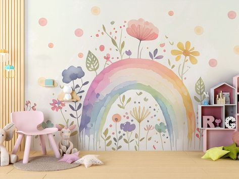 Rainbow Nursery Wall Art, Peel And Stick Wallpaper For Kids Room, Rainbow Shiplap Wall, Pastel Rainbow Bedroom, Rainbow Bedroom Ideas Kids, Kids Room Rainbow, Childrens Wall Murals, Rainbow Mural, Rainbow Playroom