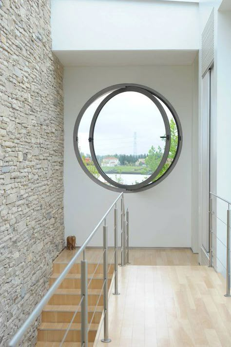 Circular Windows, Circular Window, Round Stairs, Round Windows, Stairs Window, Modern Exterior Doors, Window Architecture, Cladding Design, Porthole Window