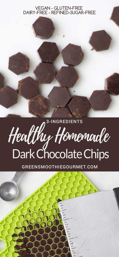 Homemade Dark Chocolate Chips {3-ingredients - vegan, glutenfree, dairy-free} Cookie Dough Bark, Keto Friendly Ice Cream, Homemade Dark Chocolate, Dark Chocolate Recipes, Healthy Chocolate Recipes, Homemade Chocolate Chips, Vegan Candies, Vegan Party, Keto Friendly Desserts