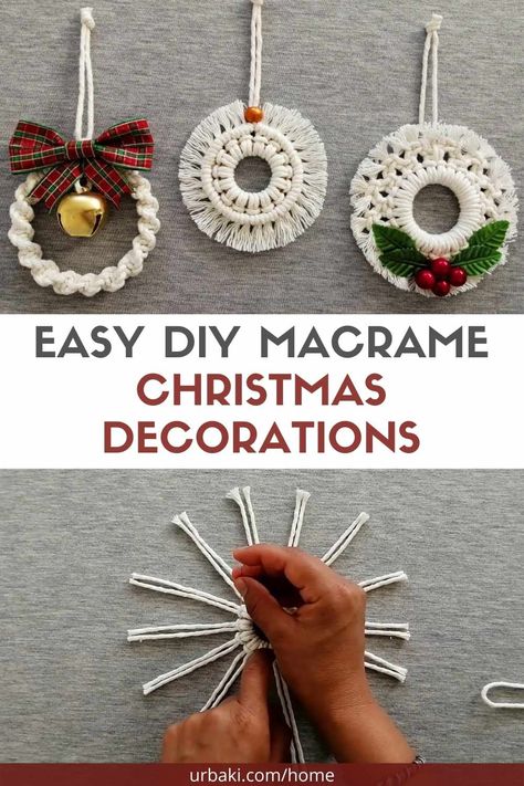 Easy Yarn Christmas Ornaments, Diy Macrame Ornaments Christmas, Diy Christmas Ornaments Kids Can Make, Easy Macrame Christmas Decorations, Macrame Christmas Ornaments Diy Easy, Easy Macrame Gifts, Macrame Christmas Ornaments Diy Tutorial, Easy Macrame Christmas Ornaments, Macrame Christmas Ornaments Tutorials