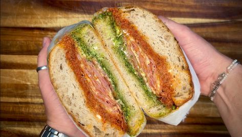 Stacked Mortadella, Pistachio Pesto & Provolone Melt Sandwich - Sensationalsandwiches Rustic Italian Bread, Sandwich Menu, Sundried Tomato Pesto, Pistachio Pesto, Italian Sandwich, Tomato Pesto, Anthony Bourdain, Crispy Potatoes, Provolone