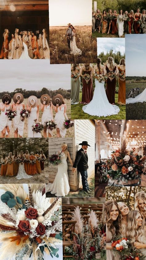 Rustic Western Wedding Colors, October Western Wedding Ideas, Autumn Western Wedding, Country Western Wedding Dresses Bridesmaid, Fall Ranch Wedding, Fall Cowboy Wedding, Hunting Theme Wedding, Brown Western Wedding, Yellowstone Wedding Theme