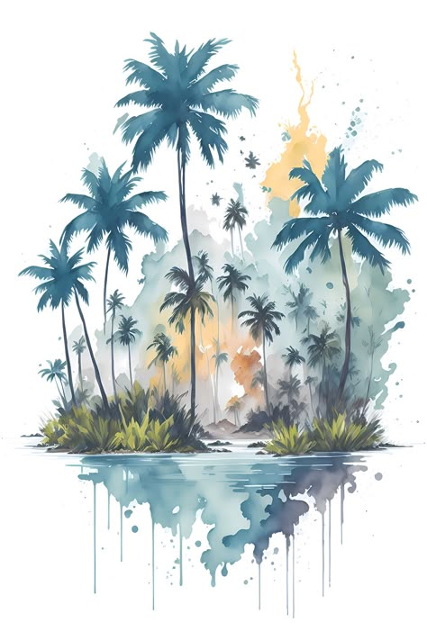 Watercolor Island Paintings, Tropical Island Artwork, Watercolor Palm Tree Tattoo, Summer Easy Paintings, Tropical Watercolor Paintings, Tropical Canvas Painting, Watercolor Illustration Landscape, Watercolor Nature Paintings, Acrylic Painting Canvas Easy