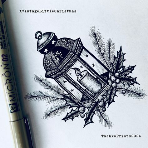 I’ve always loved the simple beauty of vintage black and white (hand-drawn) Christmas cards. There’s something so nostalgic and heartwarming about old-fashioned illustrations. That’s why I decided to draw these little scenes: a lantern with holly, a candle with a golden flame, and a pair of cozy mittens. No big stories, but little ✨sprinkles of nostalgia ✨😉 I hope you like ‘em 💙 ‘Tis almost the season to be Jolly, Decorate your home with garlands and holly. Candles to count down the 4 adve... Lantern Drawing Vintage, Ink Christmas Cards, Hand Drawn Christmas Cards, Lantern Drawing, Lantern Tattoo, Candle Drawing, Vintage Black And White, Christmas Lanterns, Pen Sketch