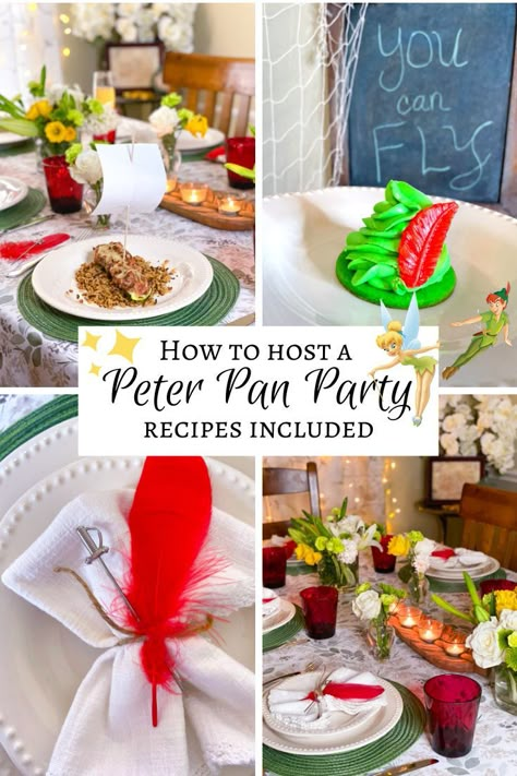 We're off to Neverland! Here's how to host a Peter Pan party - Disney recipes included! Peter Pan Menu Ideas, Peter Pan Themed Dinner, Peter Pan Dinner Ideas, Peter Pan Snacks Parties Food, Peter Pan Party Food Ideas, Peter Pan Charcuterie Board, Peter Pan Inspired Food, Film Dinner Party, Peter Pan Themed Party Food