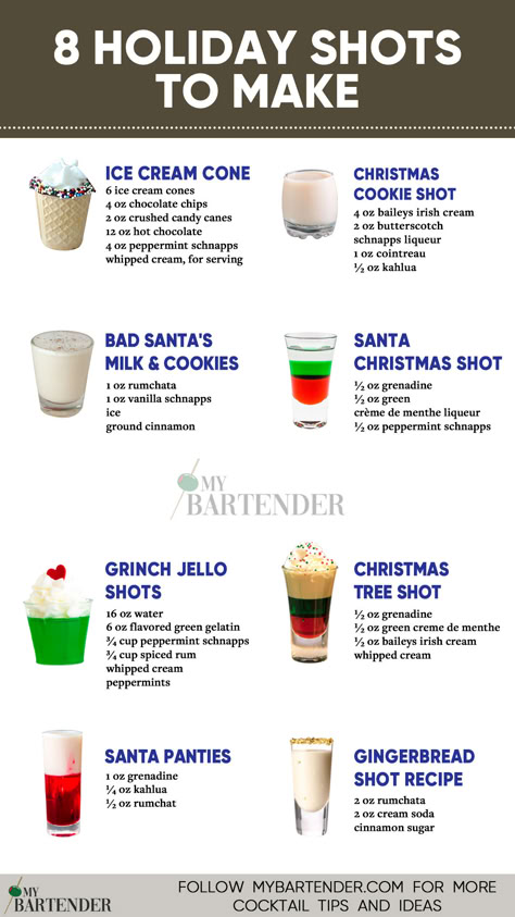 Holiday Shots Fun Bar Shots, Most Popular Alcohol Shots, Holiday Themed Alcoholic Drinks, 12 Days Of Christmas Shots, Candy Cane Shooters, Santa Panties Drink, Christmas Drinks Shots, Christmas Party Shots Holiday Drinks, Xmas Shots Alcohol