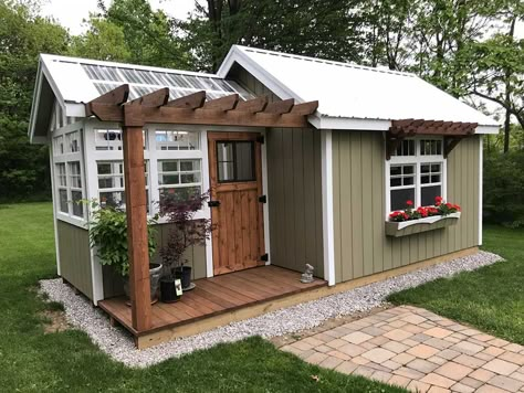 Small Farm Building Ideas, Greenhouse Office Shed, Multi Purpose Shed, Garden Shed Playhouse, Garden Shed Tiny House, Garden Shed House, Farmhouse Garden Shed, I Fared Sauna, Greenhouse With Porch