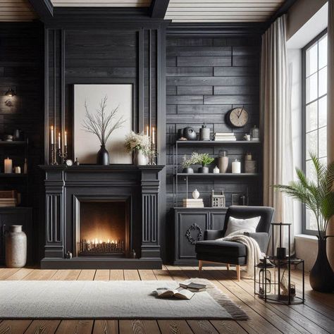 20+ Black Shiplap Fireplace Ideas That Blend Warmth And Style - My Besuited Home Mid Century Modern Black Fireplace, Dark Fireplace Wall With Built Ins, Modern Victorian Fireplace Ideas, Black Fireplace Wall With Built Ins, Office Fireplace Ideas, Dark Wood Fireplace Surround, Painted Black Brick Fireplace, Black Fireplace Wall With Tv, Black Fireplace With Built Ins