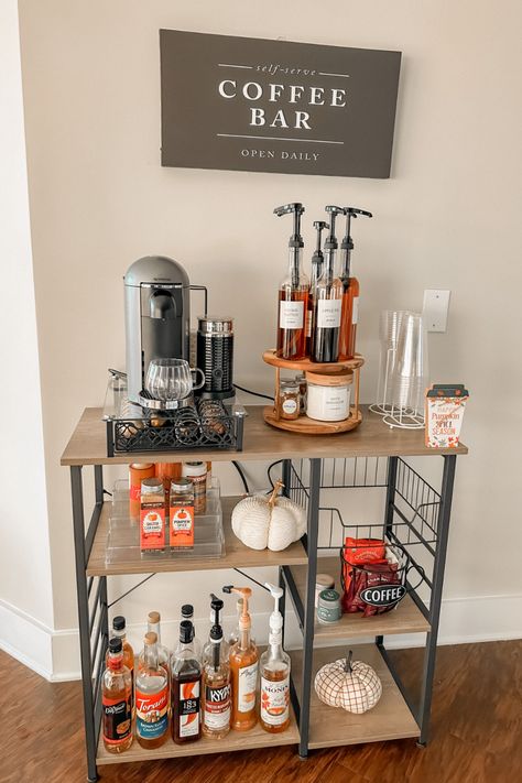 Enjoy a delicious cup of coffee and a variety of pastries at our cozy . #coffee #coffeebar Mini Coffee Bar Small Spaces, Simple Coffee Bar Ideas, Coffee Bar Cart Ideas, Apartment Coffee Bar, Bar Small Space, Fall Coffee Bar Decor, Sangria Fall, Mini Coffee Bar, Coffee Bar In Kitchen