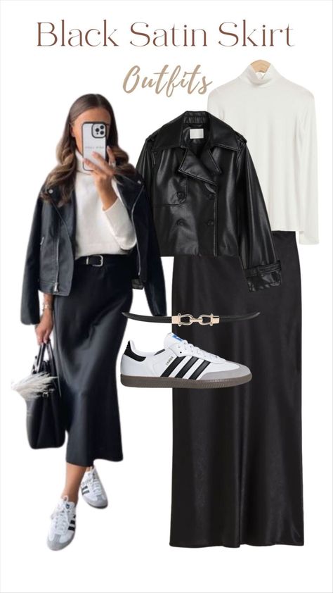 Black Satin Skirt Outfit, Looks Adidas, Black Satin Skirt, Satin Skirt Outfit, Black Skirt Outfits, Chique Outfit, Black And White Outfit, Samba Outfit, Neue Outfits